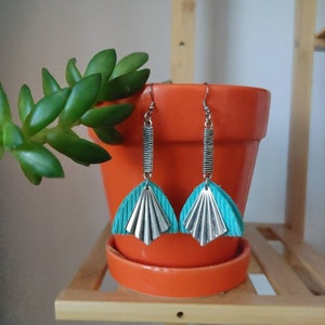 Ocean Blue Leather Dangle Earrings: Boho Antiqued Silver Fantail