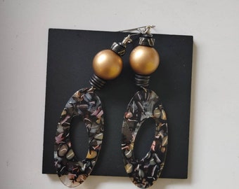 Big black and gold long funky artsy abstract holiday earrings