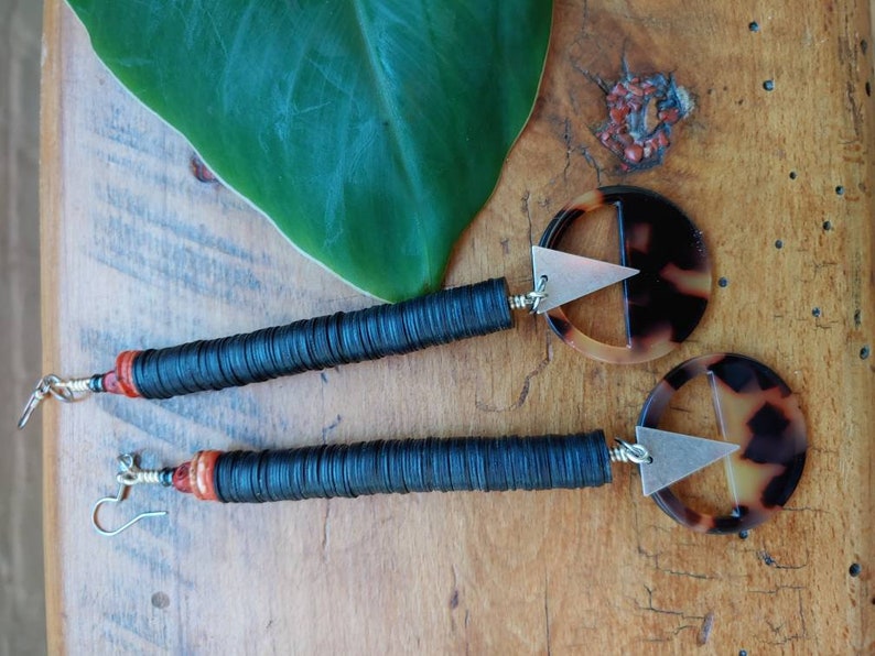 Grounding silver triangle and tortoise drop earrings Black and orange drop earrings long fall earrings