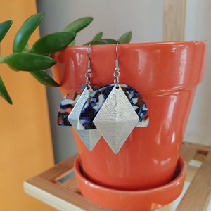 Blue mosaic earrings , funky blue and antiqued silver curve earrings,  blue and silver boho earrings