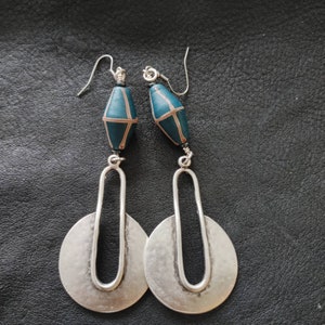 Teal Java Bead Silver African Earrings: Statement Shield Jewelry