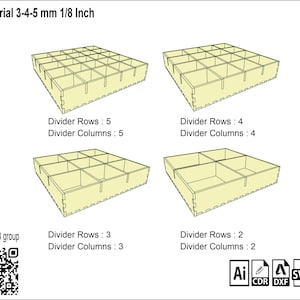 May include: Four laser-cut wooden organizer boxes with varying grid patterns. The boxes are light yellow and feature different row and column configurations, with text indicating the number of rows and columns. The text "material 3-4-5 mm 1/8 Inch" is at the top.