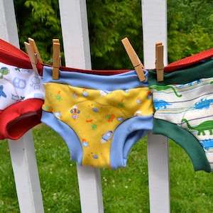 May include: Three pairs of colorful underwear hanging on a white picket fence. The underwear has different patterns, including airplanes, rockets, and dinosaurs.