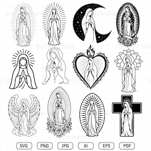May include: A collection of black and white illustrations of the Virgin Mary in various artistic styles. The images include depictions with halos, within hearts, and on crosses. File formats include SVG, PNG, JPG, AI, EPS, and PDF.