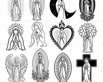 Mother Mary Svg, Virgen de Guadalupe Svg Png Bundle, Virgin Mary with Roses, Our Lady of Guadalupe svg, Mother Mary outline Svg, Cricut file