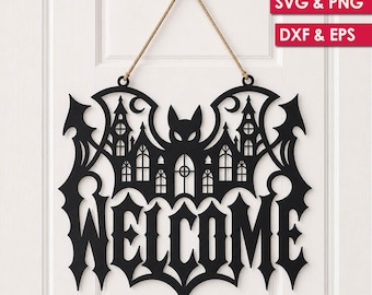 Spooky Welcome Door Hanger Svg Png, Halloween Welcome Laser Cut, Halloween Sign Svg, Spooky Glowforge svg, Gothic Halloween Glowforge Decor