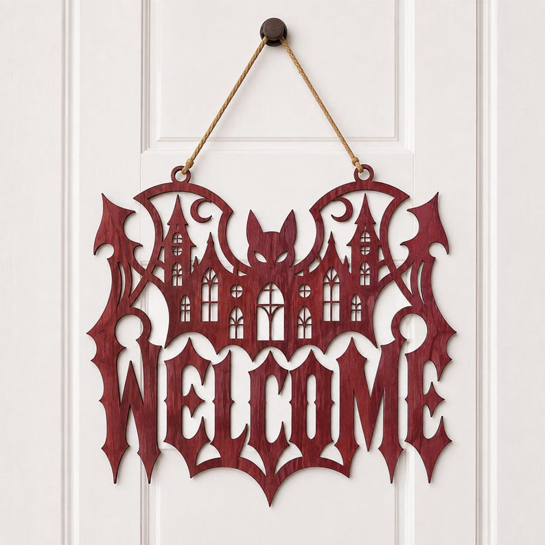 May include: A dark red, laser-cut wooden wall sign featuring a bat silhouette integrated with a gothic castle design and the word WELCOME in a sharp, pointed font. The sign is suspended by a thin, light brown jute rope from a small circular hook.