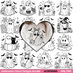 May include: A collection of 16 black and white line art illustrations featuring ghosts in various Halloween-themed activities, including wearing bows, heart-shaped sunglasses, and holding pumpkins, drinks, or books, with a central heart-shaped graphic.