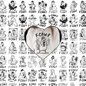 May include: A white sweatshirt with a heart-shaped cutout, featuring a screaming chicken graphic and the text "F-CAW-F." The background is a pattern of various chicken illustrations with the text "F-CAW-F."