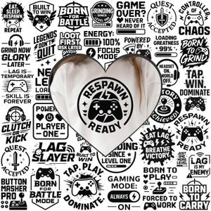 May include: White crew neck sweatshirt with a heart-shaped graphic featuring a gaming controller and the text "RESPAWN READY." Surrounding the graphic are various gaming-themed phrases and controller icons in black.