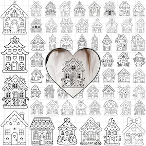 May include: A collection of black and white line art illustrations of gingerbread houses. Each house has unique decorative elements, including hearts, stars, bows, and intricate patterns. The designs vary in size and style, suitable for crafts or holiday-themed projects.