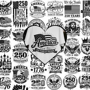 May include: White t-shirt with the word "America" and a waving American flag graphic. The design also includes the text "250 Years of Freedom 1776-2026". Surrounding the t-shirt are various patriotic designs.