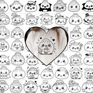 May include: A white t-shirt featuring a central heart-shaped graphic of a cute dumpling character holding a bubble tea drink, surrounded by a repeating pattern of various black and white line art dumpling illustrations in different Halloween costumes.