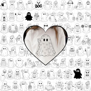May include: A white sweatshirt featuring a central heart-shaped graphic of a ghost covered in small heart patterns making a peace sign. The background displays a grid of numerous black and white line art illustrations of various ghosts.