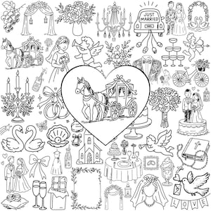 May include: Black and white line art illustration of wedding-themed elements. Includes a horse-drawn carriage, bride and groom, flowers, cake, rings, and a car with "Just Married" text. Perfect for wedding invitations and decorations.