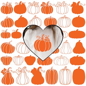 May include: A digital collection of orange pumpkin illustrations featuring various shapes and sizes, including solid silhouettes and outlined designs, centered around a heart-shaped frame containing a white shirt with a single orange pumpkin graphic.