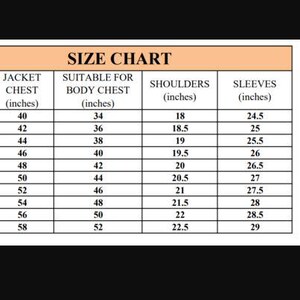 May include: Size chart for jackets, with measurements in inches. Includes sizes XXS to 5XL, detailing jacket chest, suitable body chest, shoulder width, and sleeve length. The chart is on a white background with a tan border.