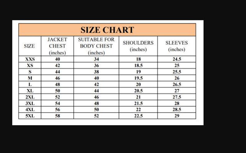 May include: Size chart for jackets, with measurements in inches. Includes sizes XXS to 5XL, detailing jacket chest, suitable body chest, shoulder width, and sleeve length. The chart is on a white background with a tan border.