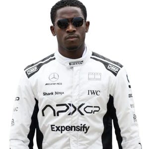 May include: A white and black racing suit featuring various sponsor logos including Mercedes, Tommy Hilfiger, IWC, Shark Ninja, APXGP, and Expensify. The suit has a high collar with a Pirelli logo and black side panels. The wearer is also wearing dark sunglasses.