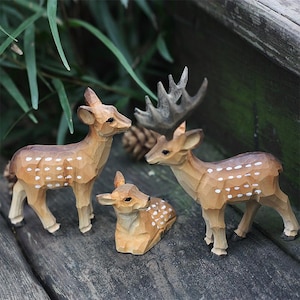 Hand-Carved Sika Deer Family Wooden Set | 3 Piece Woodland Animal Figurines | Rustic Nature Home Decor |  2-4&quot; Artisan Basswood Carving