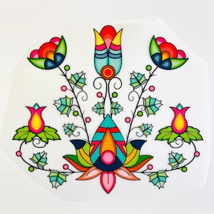 May include: A colorful floral design featuring stylized flowers in shades of red, yellow, blue, and green. The design includes a central lotus-like flower and several smaller blooms, all set against a white background.