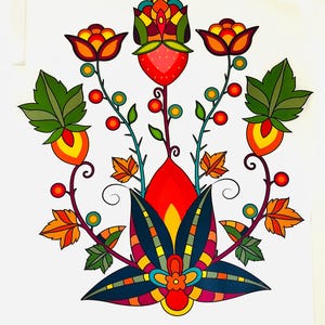 May include: A vibrant floral illustration featuring stylized flowers and leaves in a symmetrical design. The artwork showcases a central red and yellow flower, surrounded by orange, yellow, and green elements. The design is set against a white background.