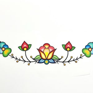 Könnte beinhalten: Ein farbenfrohes Blumenmuster mit stilisierten Blüten in Rot, Rosa, Gelb, Blau und Grün. Das Design zeigt eine zentrale Blüte und zwei kleinere Blüten, verbunden durch schwarze Stiele mit gelben Akzenten, vor weißem Hintergrund.