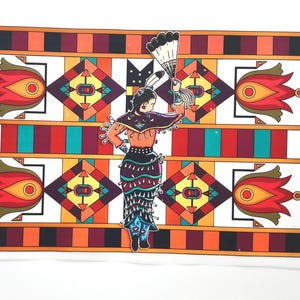 May include: A colorful illustration of a Native American dancer in traditional attire. The dancer is holding a fan and is surrounded by geometric patterns in red, orange, yellow, and teal. The background is white.