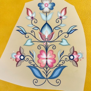 May include: A floral design on a beige background, featuring pink, blue, and white flowers with green leaves and swirling vines. The design is set against a yellow background, creating a striking contrast. The overall theme is decorative and artistic.