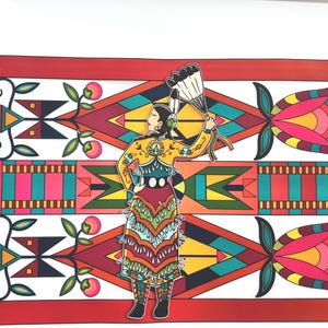 May include: A colorful illustration of a Native American woman in traditional attire, holding a fan. The artwork features geometric patterns in red, pink, green, and yellow, with floral accents. The woman's clothing is detailed with fringe and beadwork.