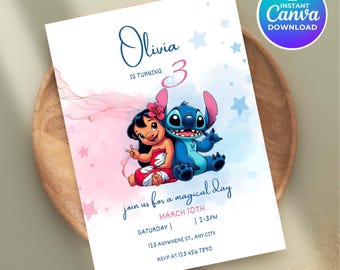 Invitación de cumpleaños de Lilo y Stitch, fiesta tropical editable (descarga digital)