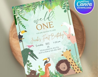 Invitación de cumpleaños temática de safari salvaje / Animales de la selva, plantilla editable de Canva (digital)