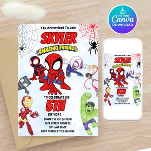 Invitación de cumpleaños de Spidey y sus amigos / Fiesta de superhéroes editable (Descarga digital)