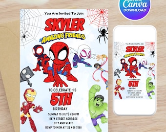 Invitación de cumpleaños de Spidey y sus amigos / Fiesta de superhéroes editable (Descarga digital)