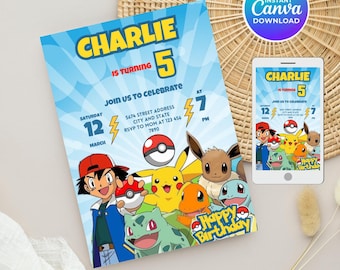 Invitación de cumpleaños de Pokémon, plantilla de Canva (descarga digital)