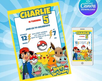 Invitación de cumpleaños de Pokémon editable e imprimible (plantilla de Canva)