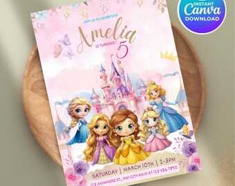 Invitación de cumpleaños de princesa, rosa y dorado, EDITABLE (Digital)