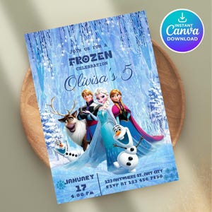 Op de afbeelding: Een blauwe Frozen-thema uitnodiging met de tekst "Join us for a Frozen Celebration" en "Olivisa's 5". De uitnodiging toont personages uit de film, sneeuwvlokken en de datum 17 januari om 16:00 uur. Inclusief een Canva download icoon.