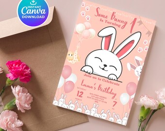 Plantilla de invitación de cumpleaños de conejito para el primer cumpleaños / Rosa, editable (descarga digital)