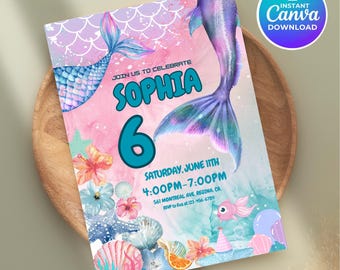 Invitación de cumpleaños de sirena, rosa y morado brillante (plantilla de lienzo)