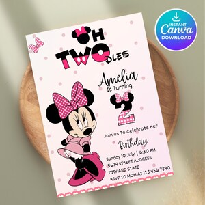 Minnie Mouse Oh Twodles Invitation, Girl 2nd Birthday, Editable Canva Template (Digital)