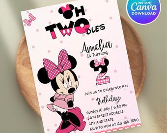 Invitación de Minnie Mouse "Oh Twodles", segundo cumpleaños de niña, plantilla editable de Canva (digital)