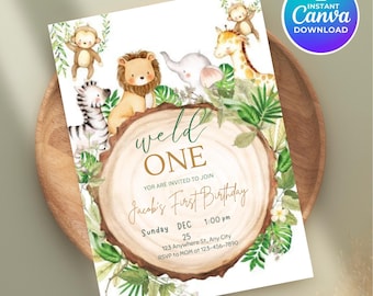 Invitación de cumpleaños temática de safari salvaje, animales de la selva, plantilla editable (descarga digital)