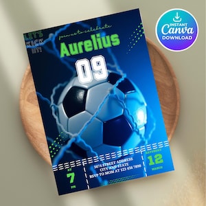 Editable Soccer Birthday Invitation Template, Printable Birthday Party Invitations, Digital Kids Party Invite, 5x7, Canva