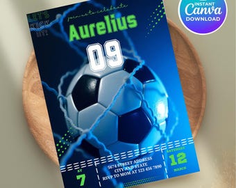 Plantilla editable de invitación de cumpleaños de fútbol, fiesta infantil (descarga digital)