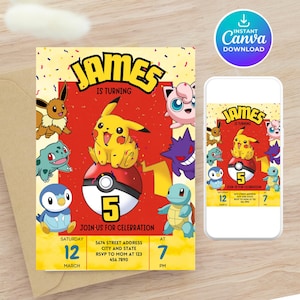May include: A Pokemon-themed birthday invitation for a 5-year-old boy named James. The invitation features a red background with a Pokeball and the number 5. There are various Pokemon characters around the Pokeball, including Pikachu, Squirtle, Bulbasaur, and Charmander. The invitation includes the date, time, and address for the party.