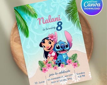 Invitación de cumpleaños de Lilo y Stitch, Fiesta tropical (Descarga digital)