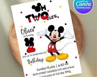 Invitación de cumpleaños de Mickey Oh Twodles / Segundo cumpleaños, plantilla editable de Canva (descarga digital)