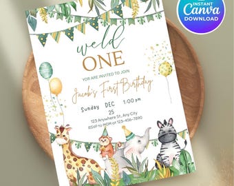 Invitación de cumpleaños temática de safari salvaje, animales de la selva (descarga digital)