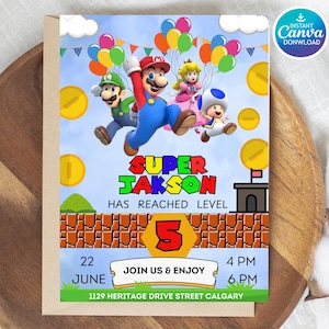 Super Mario Birthday Invitation, Editable Canva Template (Digital)